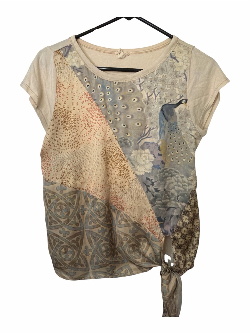 Anthropologie TINY Peacock Patchwork Tie Front Short Sleeve Top Women's Size XS